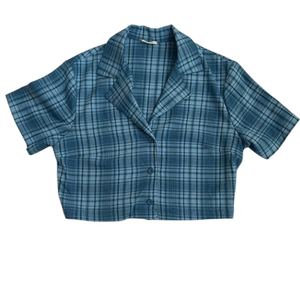 Brandy Melville Blue Plaid Cropped Button-Up Top